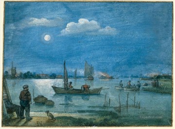 月明かりに照らされた漁師の冬の風景 ヘンドリック・アフェルキャンプ Oil Paintings